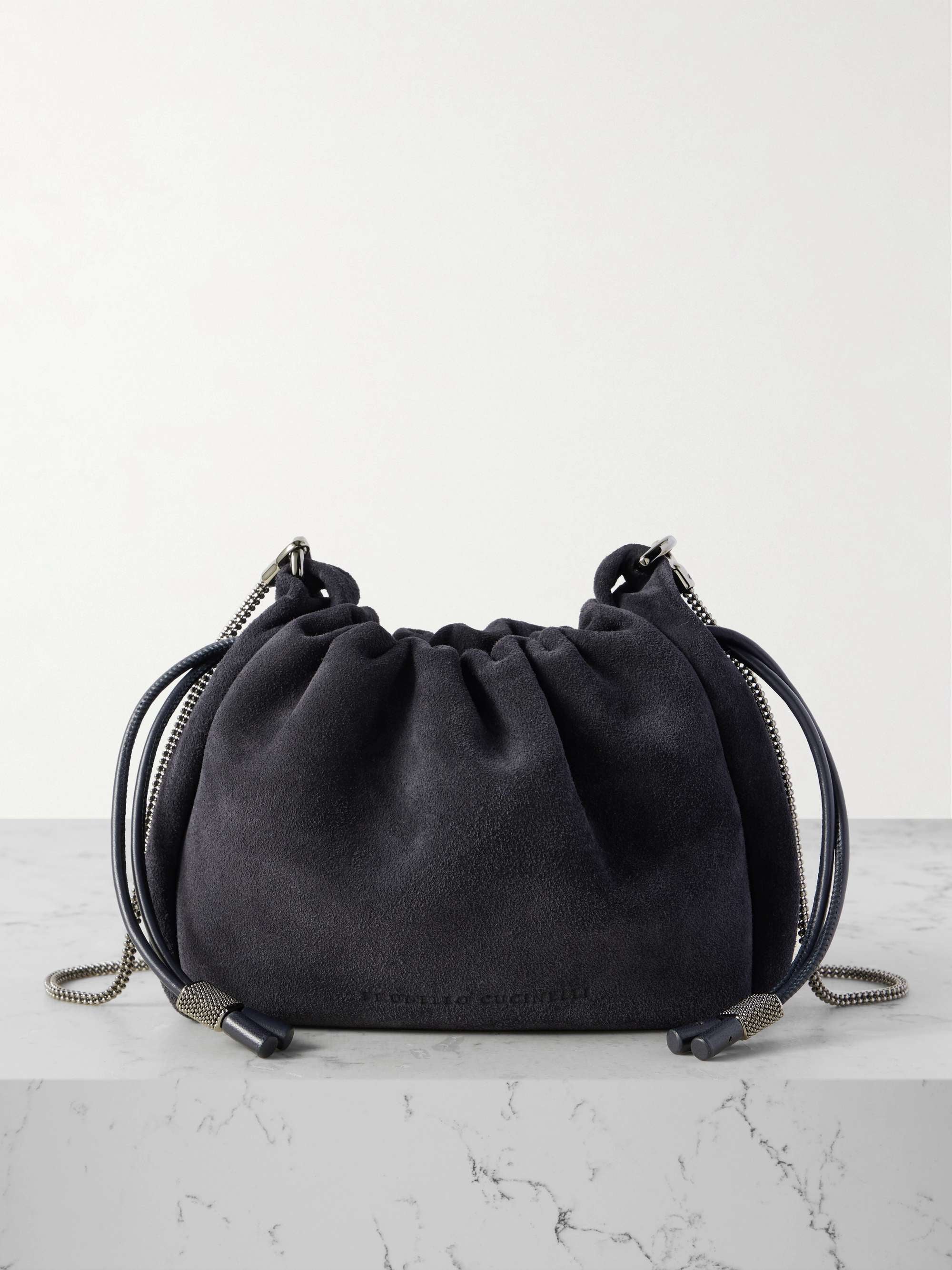 Brunello Cucinelli Small leather-trimmed bead-embellished suede shoulder bag